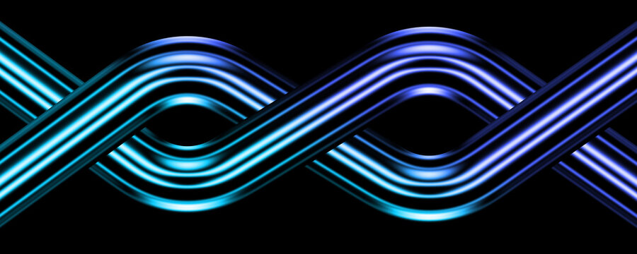 Abstract Blue Neon Intersection with Glowing Chrome Pipes and Metallic Waves on Black