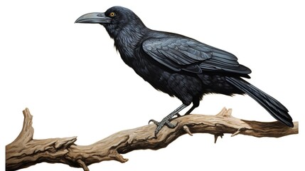 Fototapeta premium A solitary black crow perched on a weathered branch against a white background