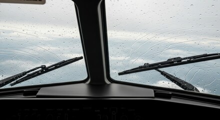 Naklejka premium Raindrops streak across the cockpit window of an aircraft during flight.