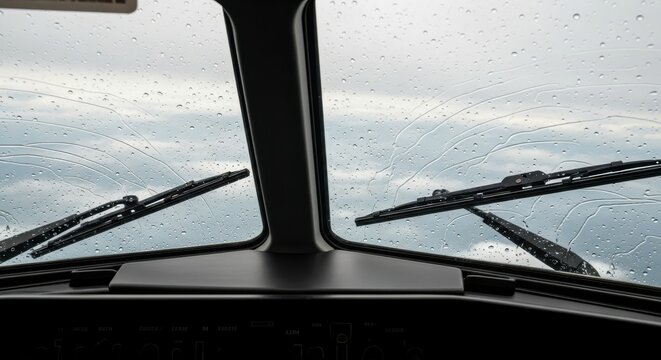 Raindrops streak across the cockpit window of an aircraft during flight.