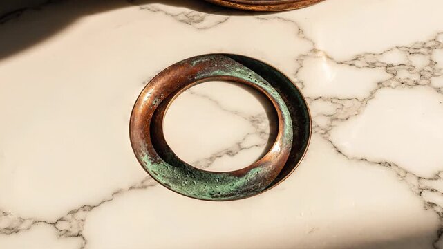 old weathered copper ring with green patina, top view on marble surface, vintage metal circle, aged material