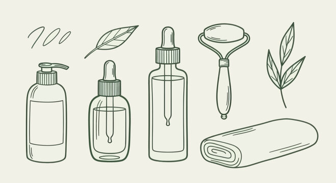 Skincare routine essentials including bottles roller and towel.