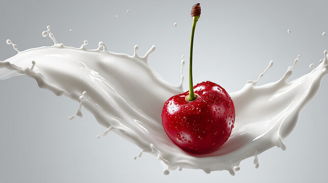 Red cherry splashing into milk, capturing motion, freshness, and vibrant contrast in dynamic food composition with creamy texture and clean background.