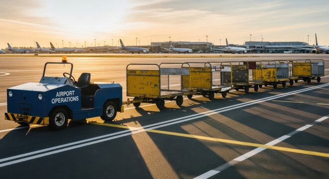 Ground support equipment pulls a line of empty luggage carts across the airfield during a bright sunset.