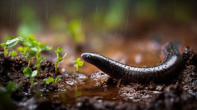 Close-up of a leech crawling across wet muddy ground, highlighting slimy texture and natural habitat in a damp environment, wildlife and parasitic life.