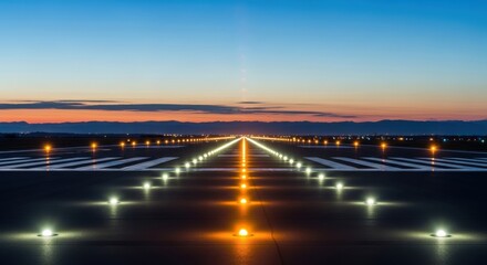 Obraz premium Runway lights illuminate a dark airport path during a colorful sunset.
