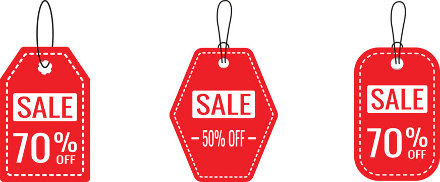 Red sale tags with percentage discounts promotional shopping offers
