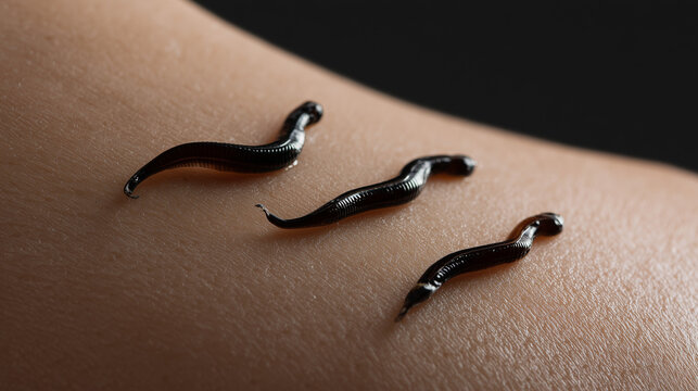 Close-up of three leeches attached to human skin during medical hirudotherapy, illustrating alternative treatment, blood extraction, and traditional healing practice.