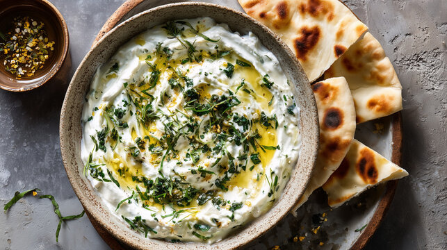 Creamy yogurt dip with herbs served with flatbread, Mediterranean cuisine, fresh ingredients, rustic table setting with rich texture and flavor.