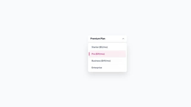 Drop Down Menu Plan Selection Animation on White Background with Minimalist UI Design and Copy Space for SaaS Interface