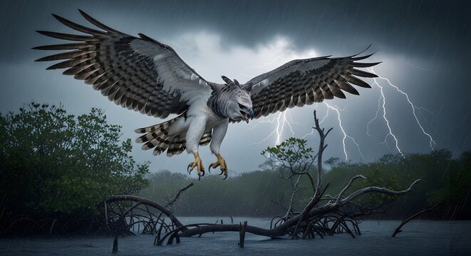 A powerful harpy eagle with wide-spread wings descends through a stormy, rain-soaked mangrove forest, illuminated by dramatic flashes of lightning in a dark sky.