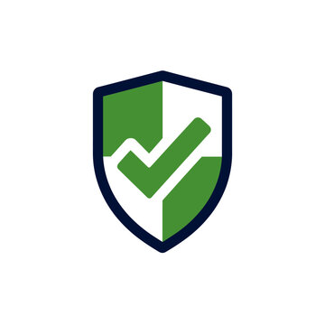 A geometric graphic with a shield divided into green and white, a check mark is across it