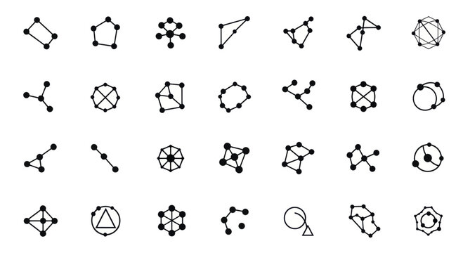 Collection of geometric shapes with connected dots forming abstract patterns.