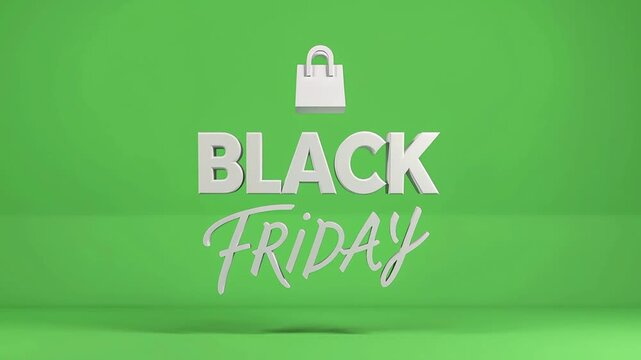 3D rendering of 'BLACK FRIDAY' text in white, with a shopping bag icon, on a vibrant green background, symbolizing holiday sales and shopping events.