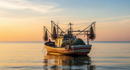 Obraz premium Small wooden fishing boat rests on calm ocean waters during a golden sunrise.