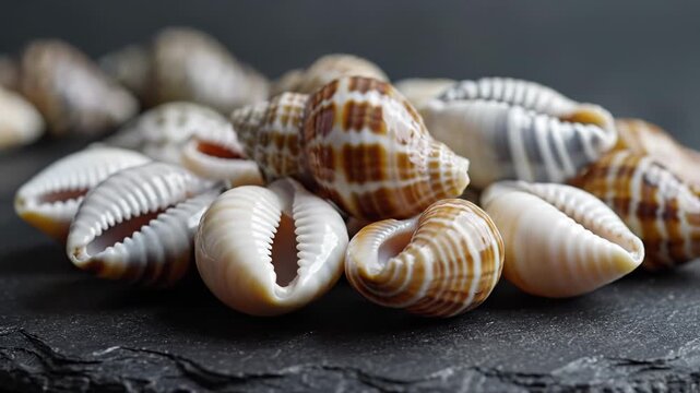 Pile of various seashells, natural beach treasures, detailed textures and patterns, dark slate background