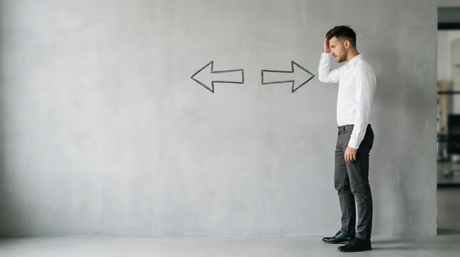 Man contemplating two opposite arrows drawn on a gray wall, facing indecision or a difficult choice