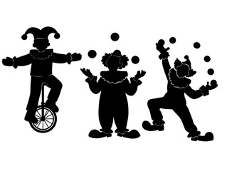 Silhouette of Clowns Juggling and Unicycling on White Background © rahayu