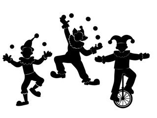 Silhouette of Clowns Juggling and Unicycling in Circus Act © rahayu