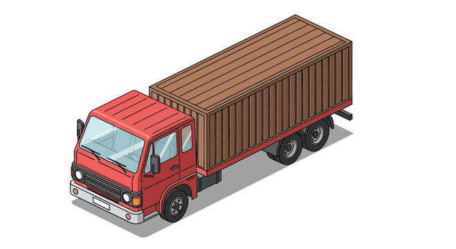Red cargo truck with a brown container on a white background.