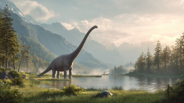 Long neck dinosaur by lake in forest mountains, peaceful prehistoric scene, soft morning light, calm water reflection and natural landscape.