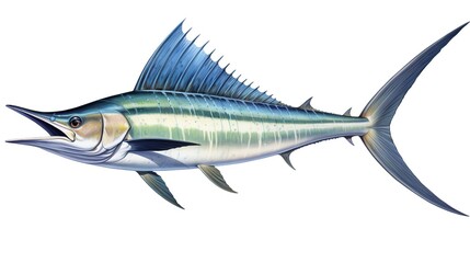 Naklejka premium A streamlined blue-green tuna-like pelagic fish with a long forked tail and tall dorsal fin on a white background