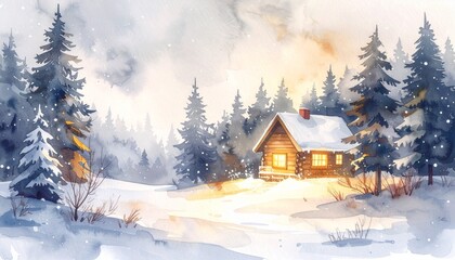 Fototapeta premium Cozy winter cabin in snowy forest with warm light, pine trees and firefly