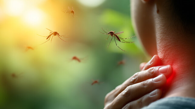 Mosquito biting human skin causing itch and redness, insect bite concept, close up of irritation and health risk in outdoor environment.