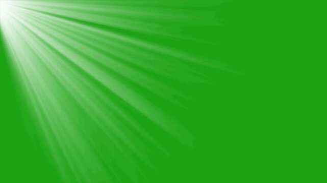 Top left side sun rays on green screen. bright light lens flare effect, Beams lights on stage with green screen background. Top sun rays or god bless rays on green screen. flashing light effect