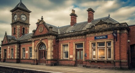 Fototapeta premium Historic brick railway station building features an old clock tower under a cloudy sky.