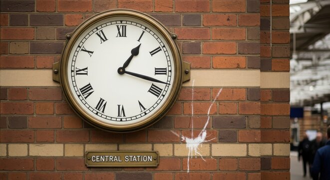 Large circular clock with Roman numerals hangs on an old brick wall inside a transportation hub.
