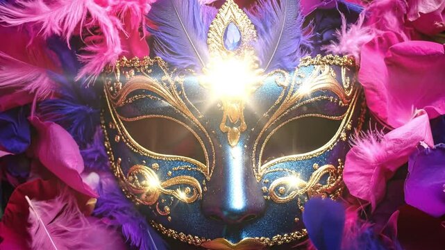 Ornate blue and gold Venetian carnival mask surrounded by vibrant pink and purple feathers and rose petals