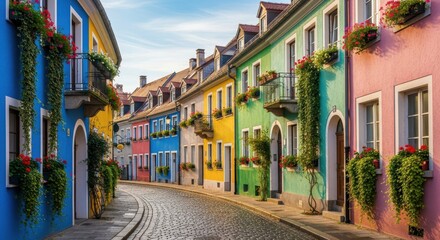 Fototapeta premium Narrow cobblestone street features colorful buildings adorned with lush hanging flower baskets.