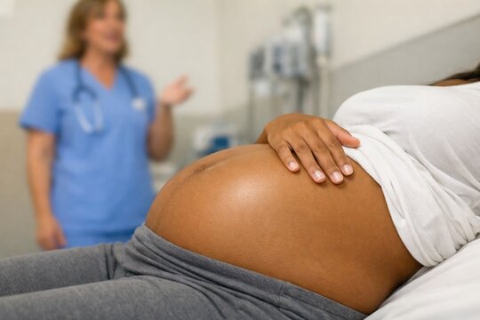 Close-up da grande barriga de mulher gr&aacute;vida brasileira na cl&iacute;nica. Consulta de pr&eacute;-natal com m&eacute;dica ao fundo.