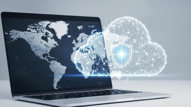 Laptop Displays World Map Cloud With Shield Icon Global Data Security The Background Is Clean Neutral Gray It Cybersecurity Content