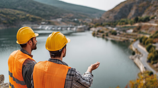 Engineers overlooking dam and river, discussing project, infrastructure and energy concept, outdoor industrial scene with safety gear and scenic view.