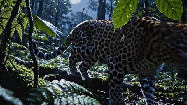 Leopard stalking through a twilight jungle scene