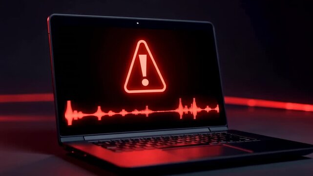 This shows a laptop with a warning sign on its screen indicating technical difficulties. The dark background and red accents create a sense of urgency and danger.
