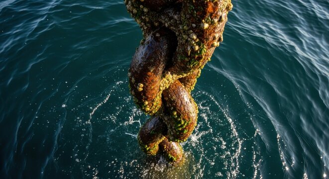 Rusted metal ship chain emerges from deep blue ocean water.