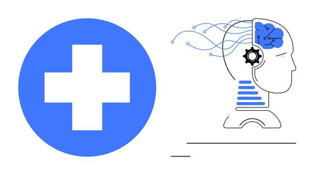 Healthcare, artificial intelligence, innovation, medical technology, futuristic systems, and robotics. Image features a medical cross and stylized human head with technological elements. Healthcare