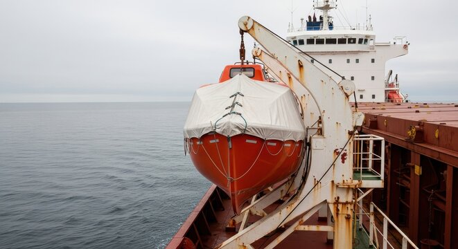 Bright orange lifeboat hangs from a davit on the side of a cargo ship at sea.