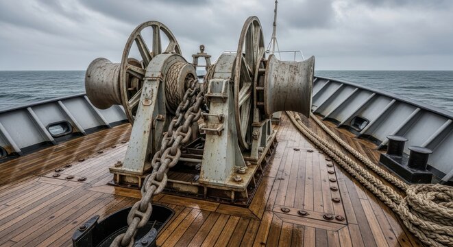 Heavy duty anchor winch on the bow of a wooden deck ship at sea.