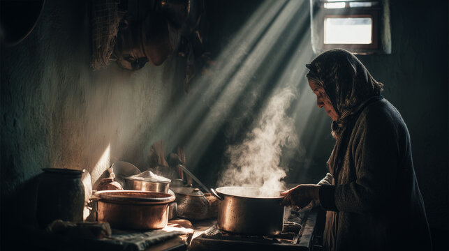 Poor woman cooking in a rustic kitchen with warm sunlight rays, steam rising, and simple interior, capturing traditional lifestyle and humble daily life.
