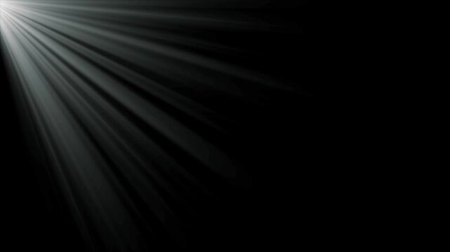 Top left side sun rays with black screen background. 4k sun rays or god bless rays moving smooth on black screen. flashing light effect. glowing Beams lights on stage with green screen background.