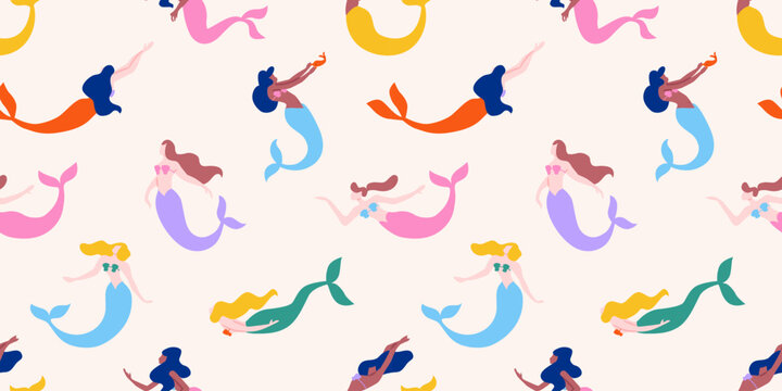 Diverse mermaid seamless pattern illustration. Colorful style sea mermaids cartoon background. Summer vacation surface print design.