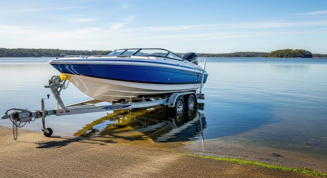 Modern motorboat sits on a trailer at a public boat ramp beside a calm lake.