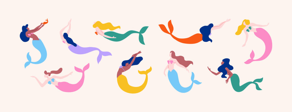 Diverse mermaid hand drawn illustration set. Colorful style sea mermaids cartoon graphic collection. Summer vacation element design.