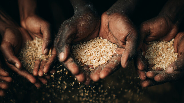 Hands offering grains to many outstretched hands, symbolizing poverty, hunger relief, charity, and humanitarian aid in a moment of compassion and support.