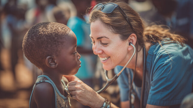 Female humanitarian doctor using a stethoscope to examine a smiling black child, highlighting care, compassion, and global healthcare support.