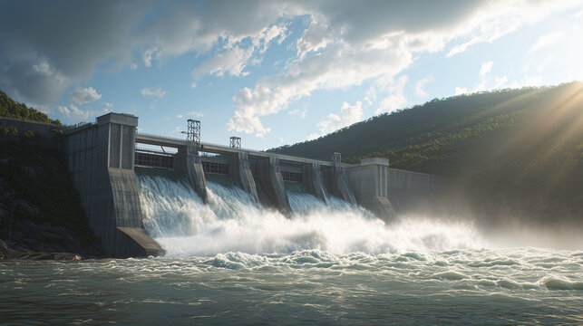 Hydroelectric dam releasing water with strong flow, renewable energy concept, industrial structure with sunlight and dynamic river movement.